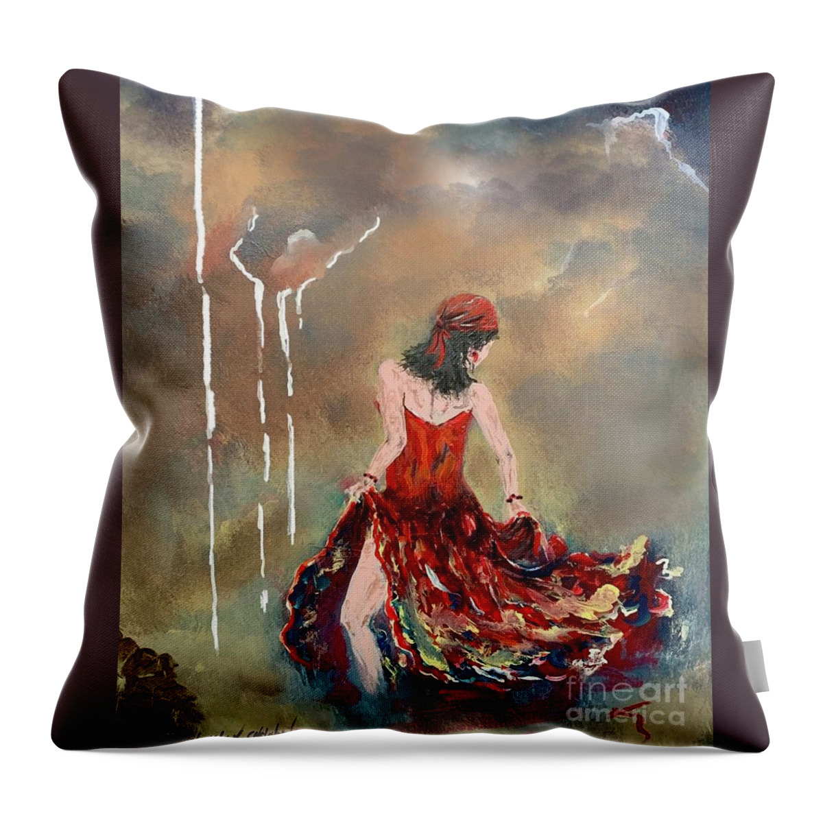 Miroslaw Chelchowski Gypsy In Red Acrylic On Canvas Painting Print Colors Red Dancer Woman Dance Clouds Sky Evening Dress Rain Music Dark Throw Pillow featuring the painting Gypsy in red by Miroslaw Chelchowski