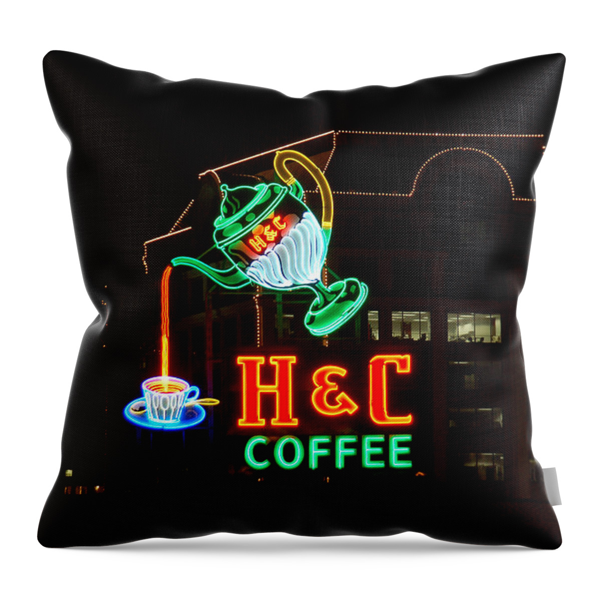 H C Coffee Throw Pillow featuring the photograph H and C Coffee Sign Pouring At Night in Roanoke Virginia by Suzanne Gaff