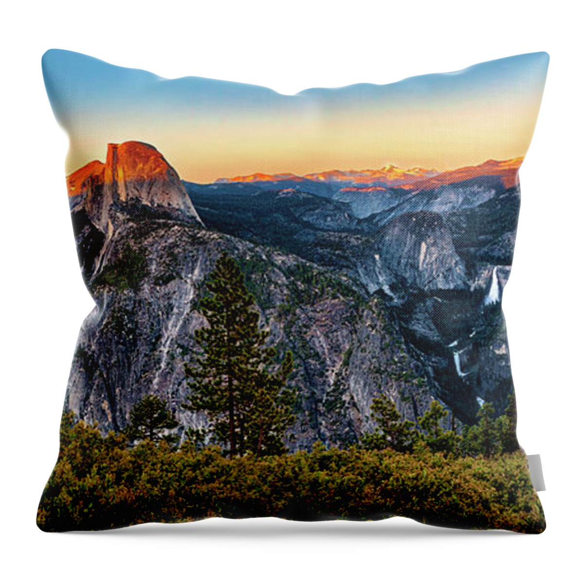 California Throw Pillow featuring the photograph Half Dome Sunset at Yosemite Panorama by Dan Carmichael