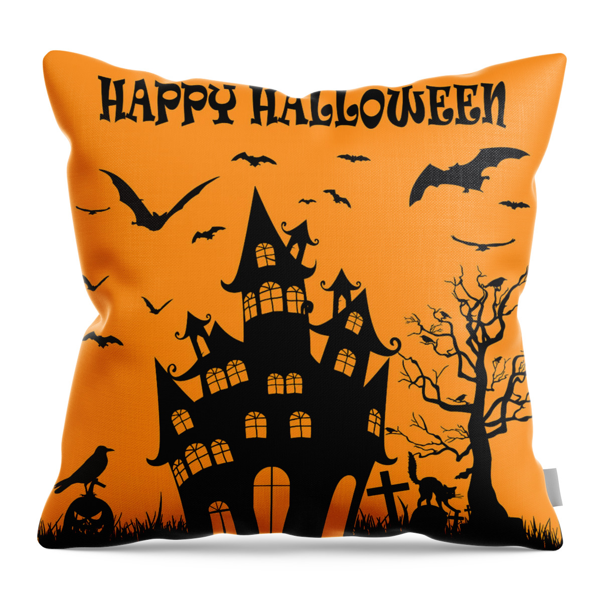 Halloween Throw Pillow featuring the digital art Halloween scary black haunted house on orange background, halloween by Mounir Khalfouf