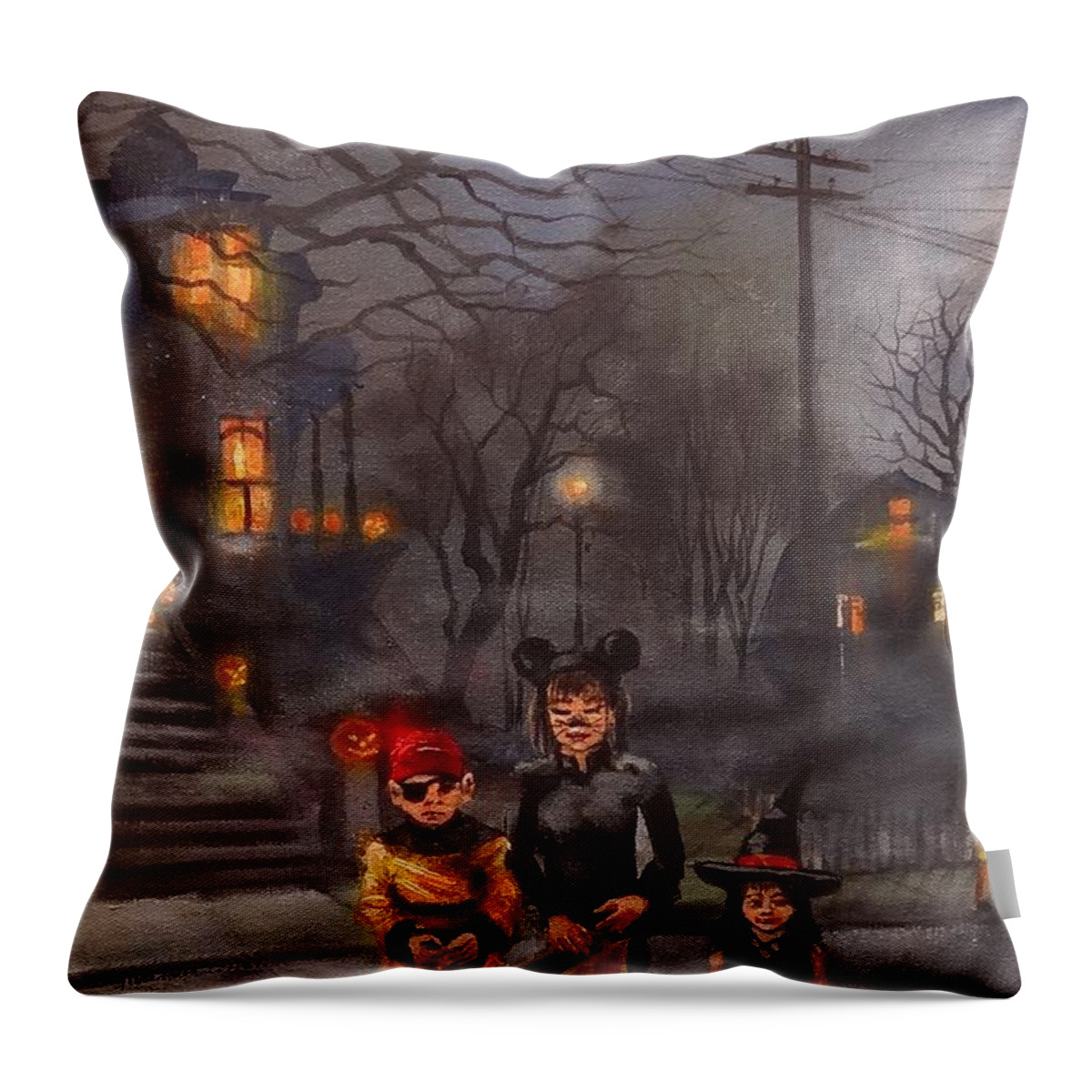 Halloween Throw Pillow featuring the painting Halloween Trick-or-treat center by Tom Shropshire