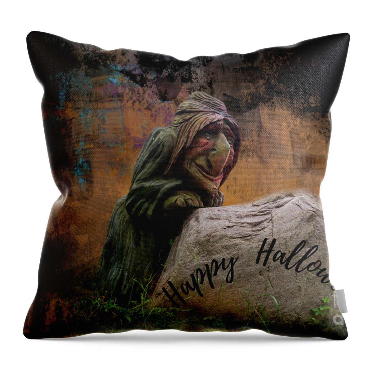 Witch Throw Pillow featuring the mixed media Halloween Witch by Eva Lechner