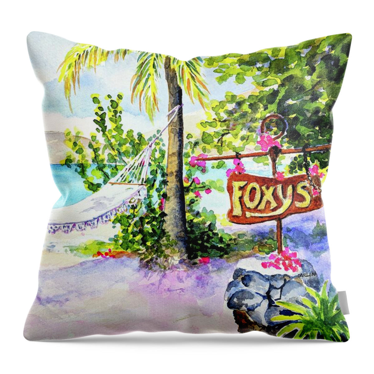 Beach Throw Pillow featuring the painting Hammock on Beach at Foxy's by Carlin Blahnik CarlinArtWatercolor