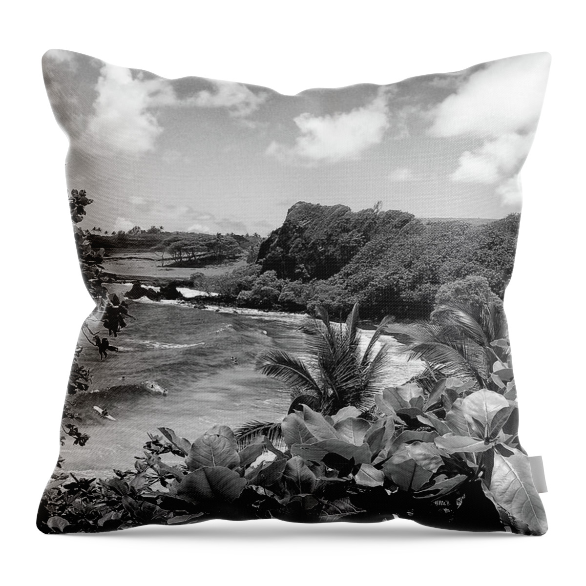 Hana Throw Pillow featuring the photograph Hamoa Beach Hana Maui Hawaii Black and White by Shawn O'Brien
