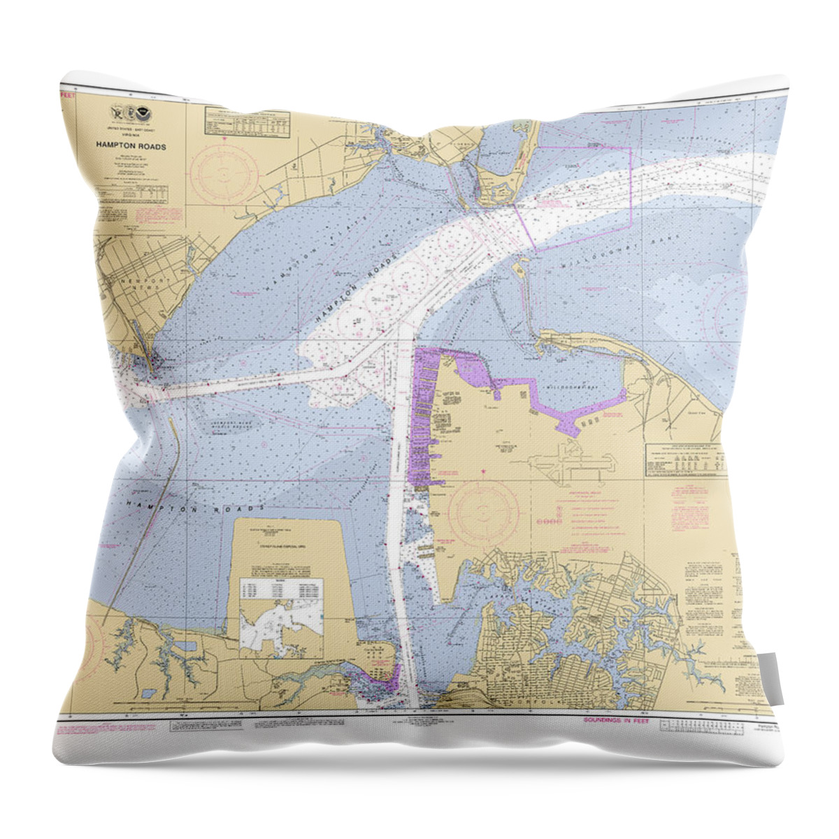 Hampton Roads Throw Pillow featuring the digital art Hampton Roads, NOAA Chart 12245 by Nautical Chartworks