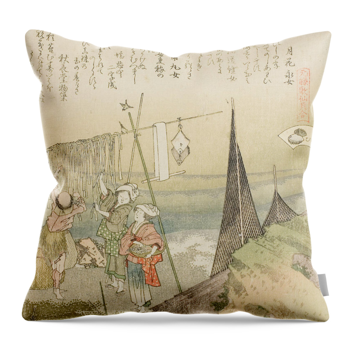 19th Century Art Throw Pillow featuring the relief Hanging Abalone Out to Dry by Katsushika Hokusai