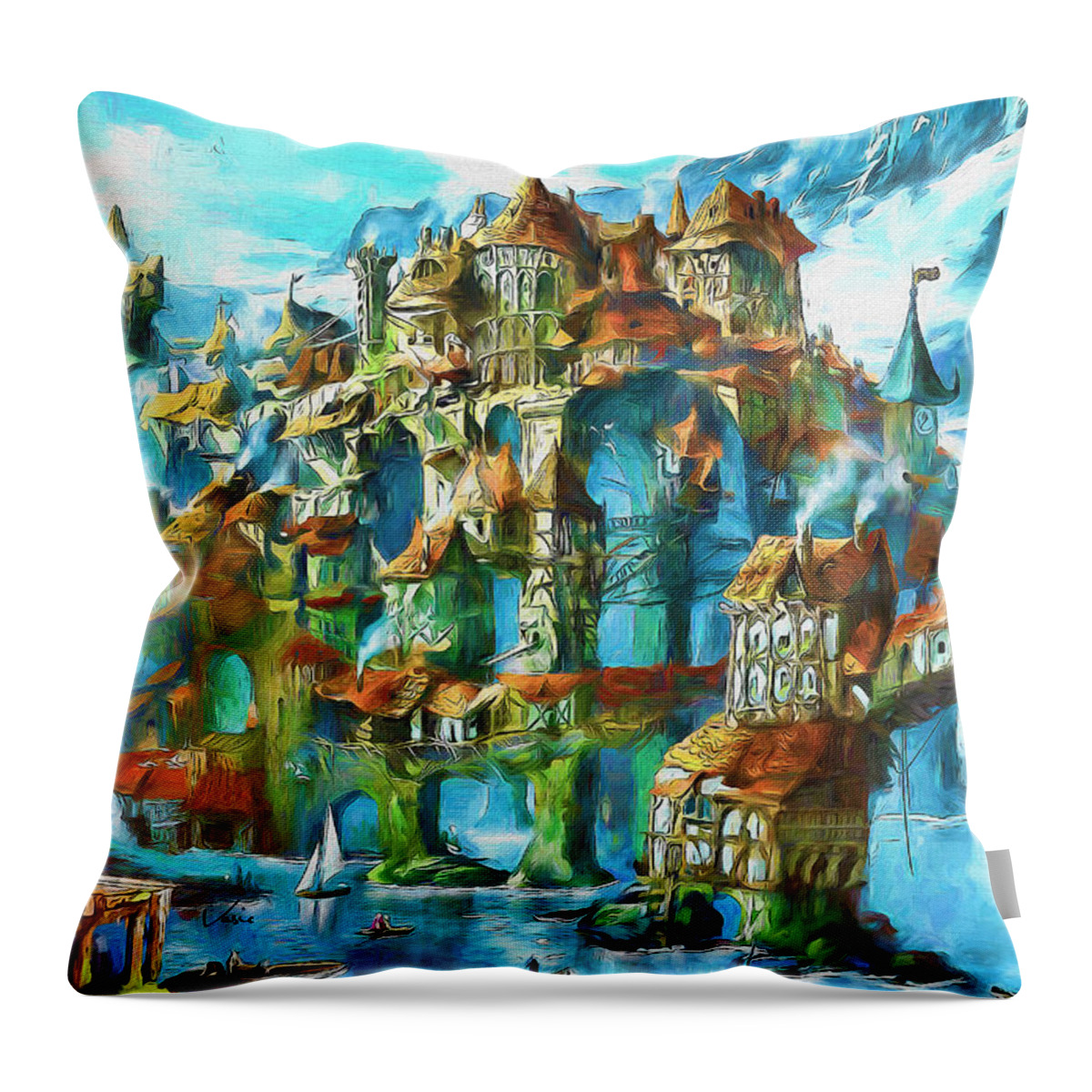 Painting Throw Pillow featuring the painting Hanging city by Nenad Vasic