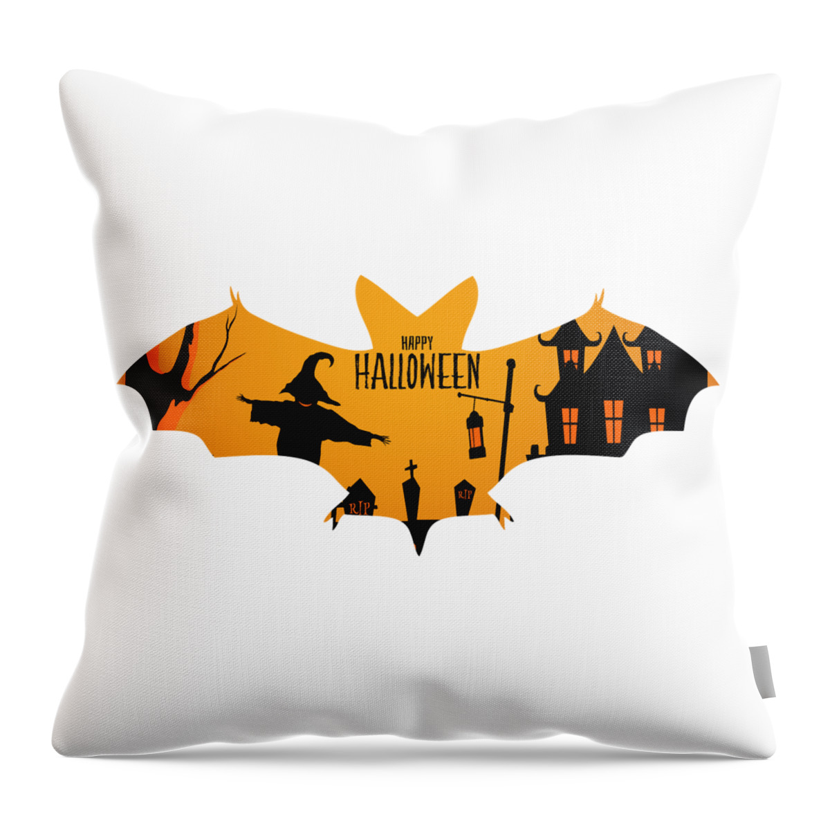 Drawing Throw Pillow featuring the digital art Happy Halloween Isolated Bat Silhouette, Halloween Graphic Design by Mounir Khalfouf