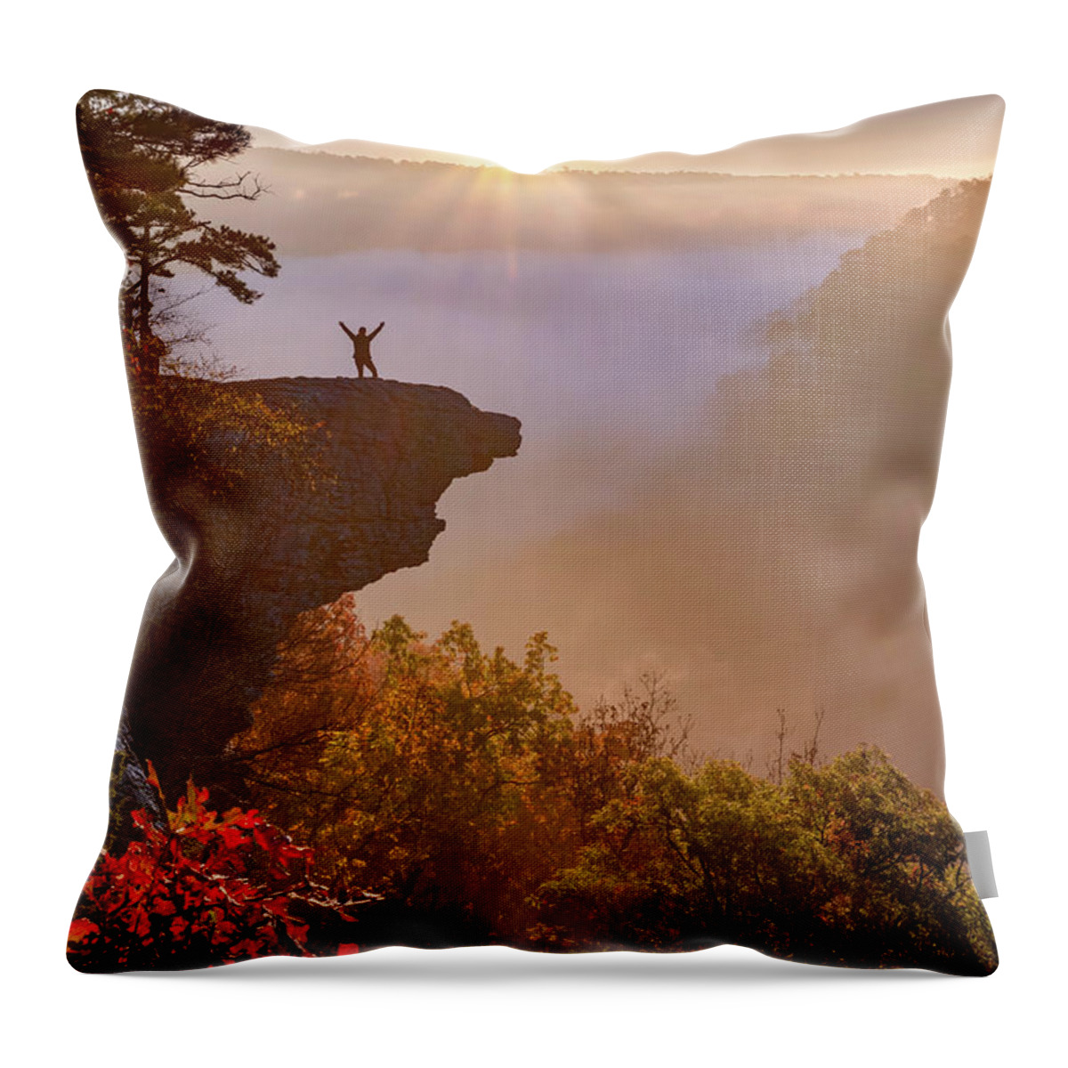 Ozark Forest Throw Pillow featuring the photograph Happy Hiker On Hawksbill Crag At Sunrise by Gregory Ballos