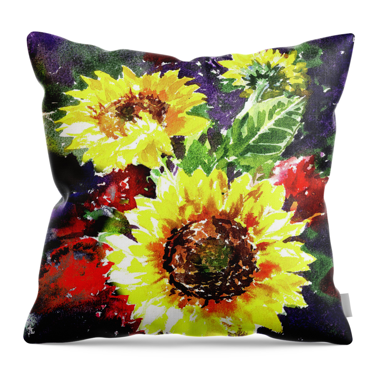 Sunflowers Throw Pillow featuring the painting Happy Splash Of Watercolor Sunflowers by Irina Sztukowski