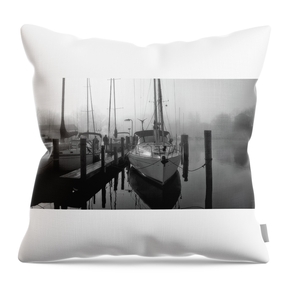 2d Throw Pillow featuring the photograph Harbor Fog - Stitched BW by Brian Wallace