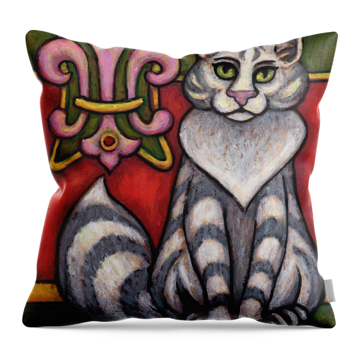 Cat Portrait Throw Pillow featuring the painting Harper. The Hauz Katz. Cat Portrait Painting Series. by Amy E Fraser