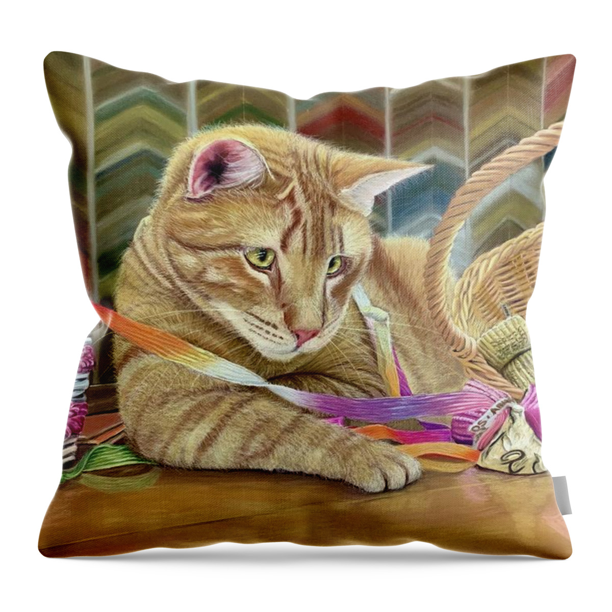 Orange Cat Throw Pillow featuring the pastel Harry by Marlene Little