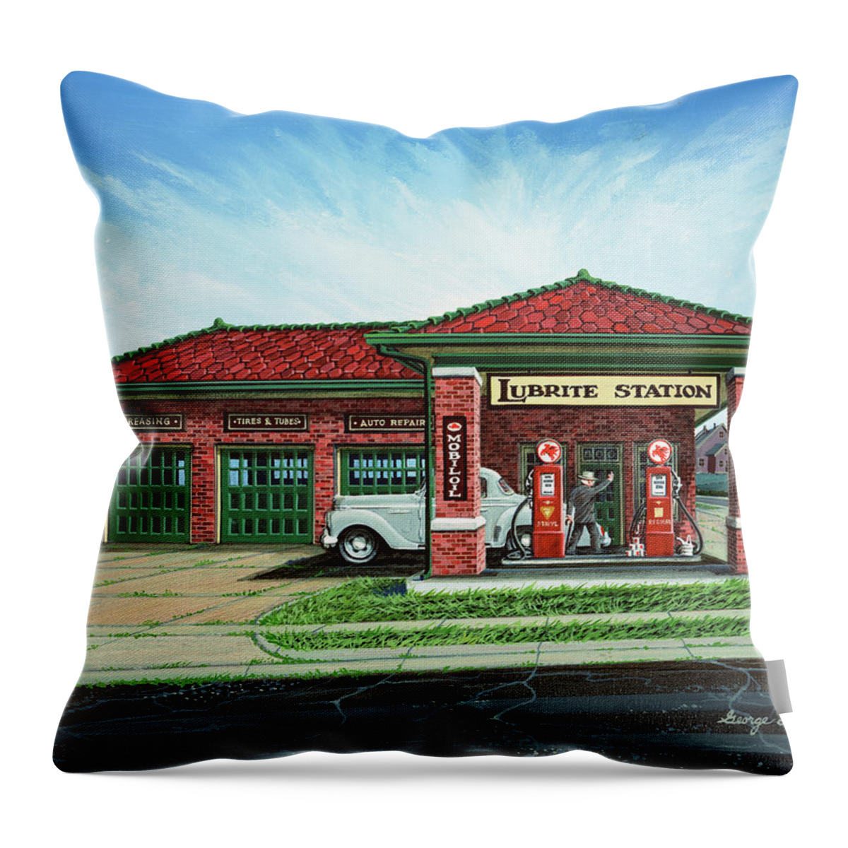Architectural Landscape Throw Pillow featuring the painting Harry Truman's Favorite Gas Station by George Lightfoot