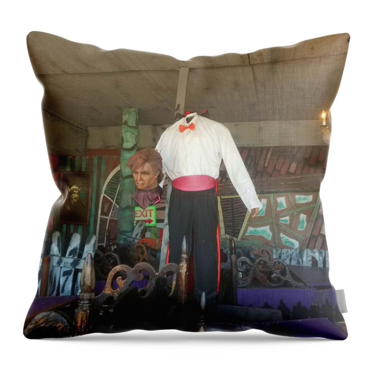 Trimpers Throw Pillow featuring the photograph Haunted House Headless Man by Robert Banach