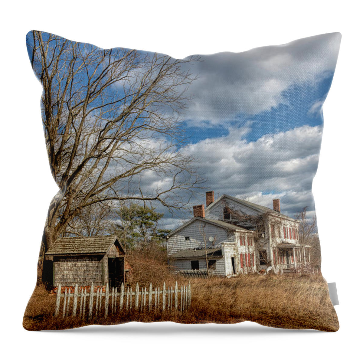 White Fence Throw Pillow featuring the photograph Haunted Pump House by David Letts