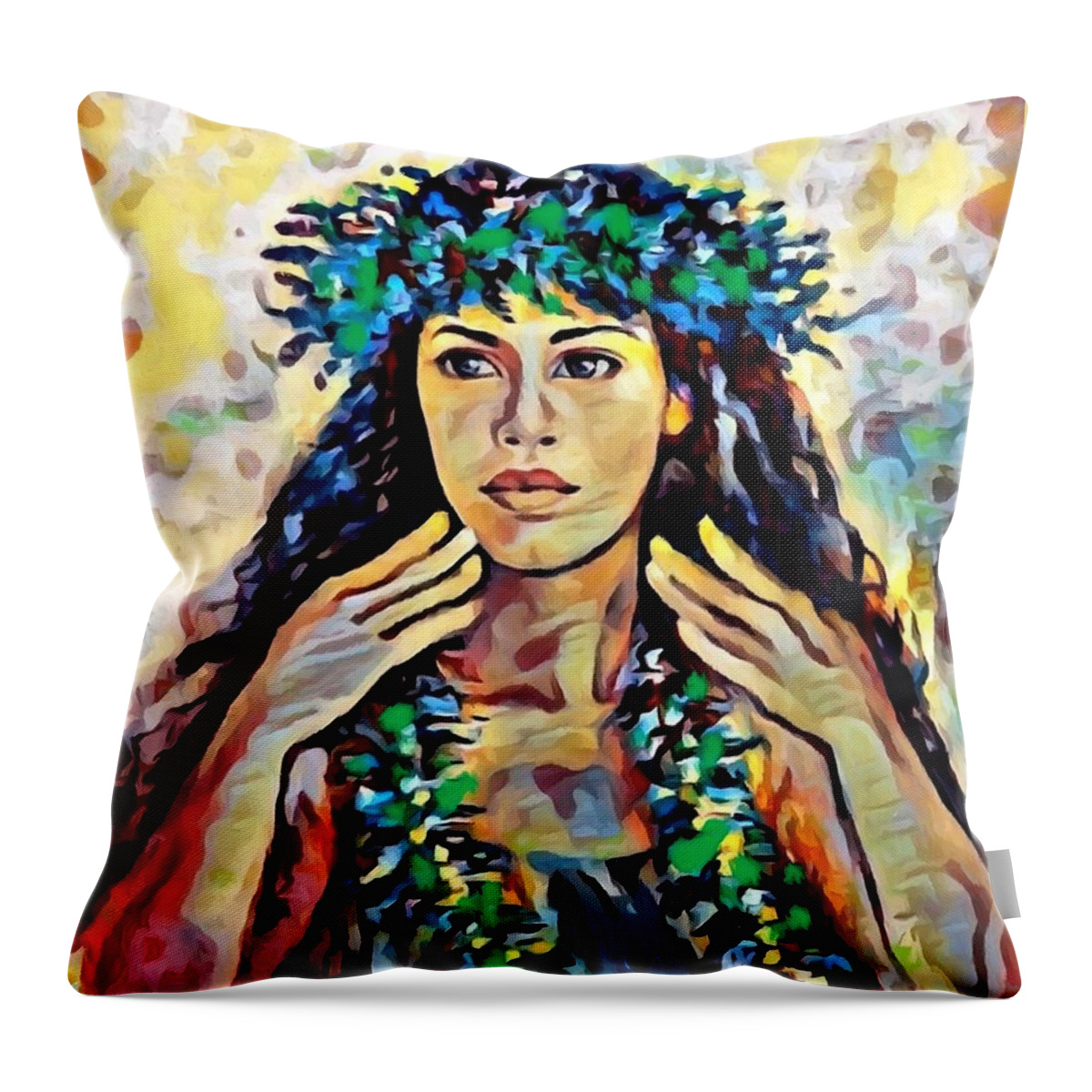 Hawaiian Dancer Throw Pillow featuring the mixed media Hawaiian Dancer by Carl Gouveia