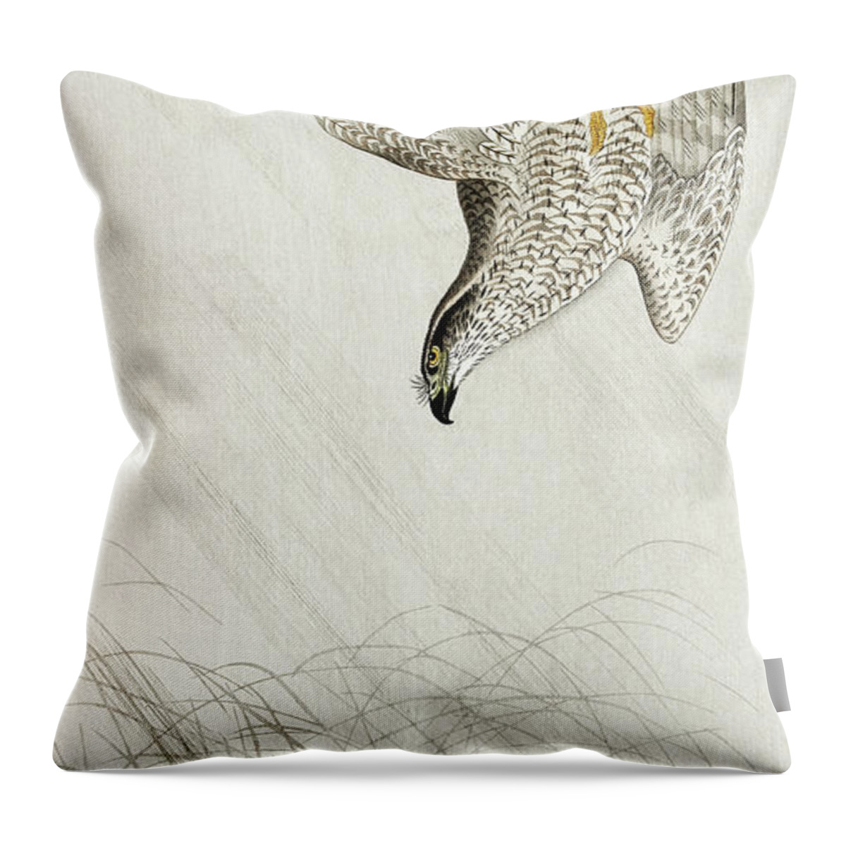 Bird Throw Pillow featuring the painting Hawk hunting a hare by Ohara Koson