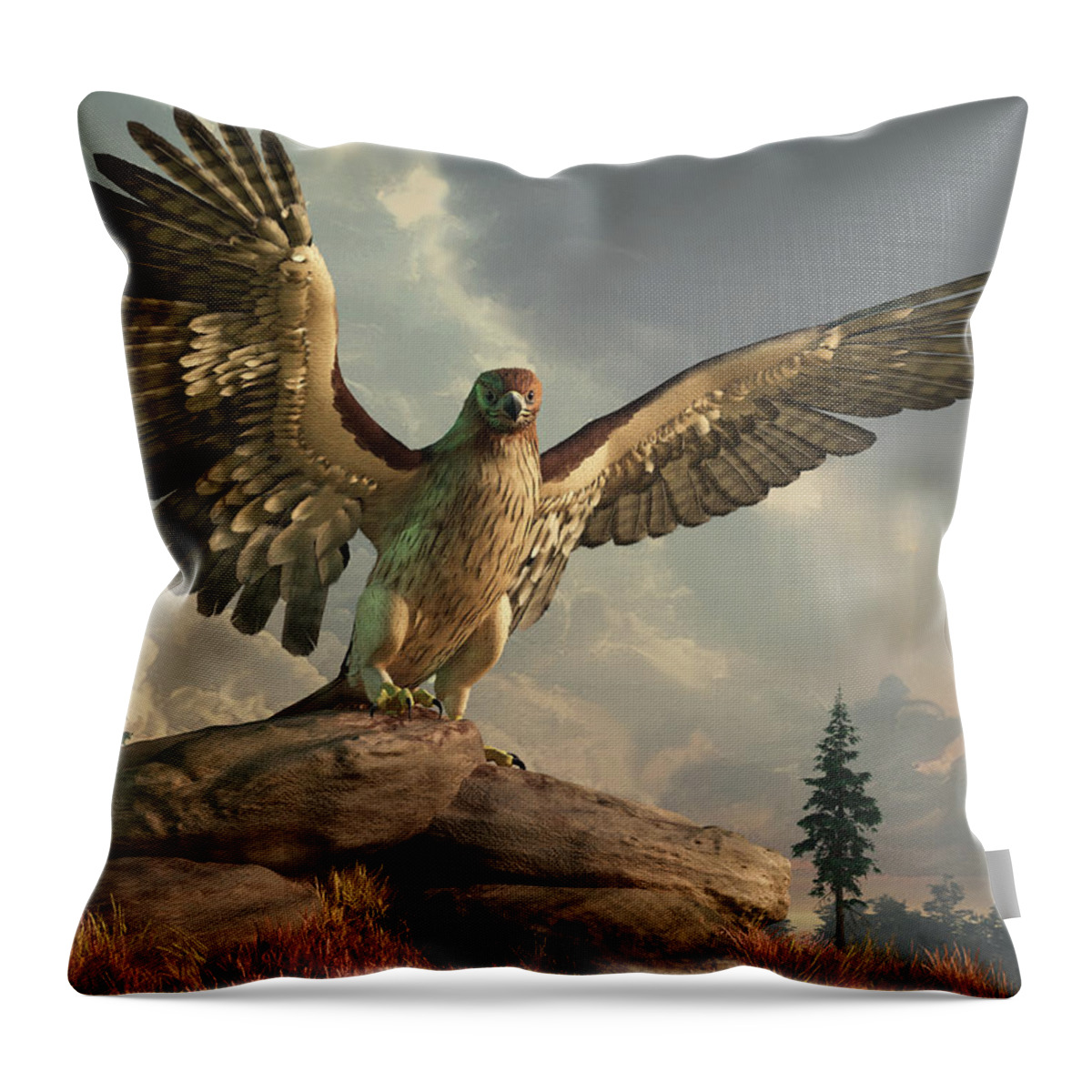 Hawk On The Rocks Throw Pillow featuring the digital art Hawk on the Rocks by Daniel Eskridge