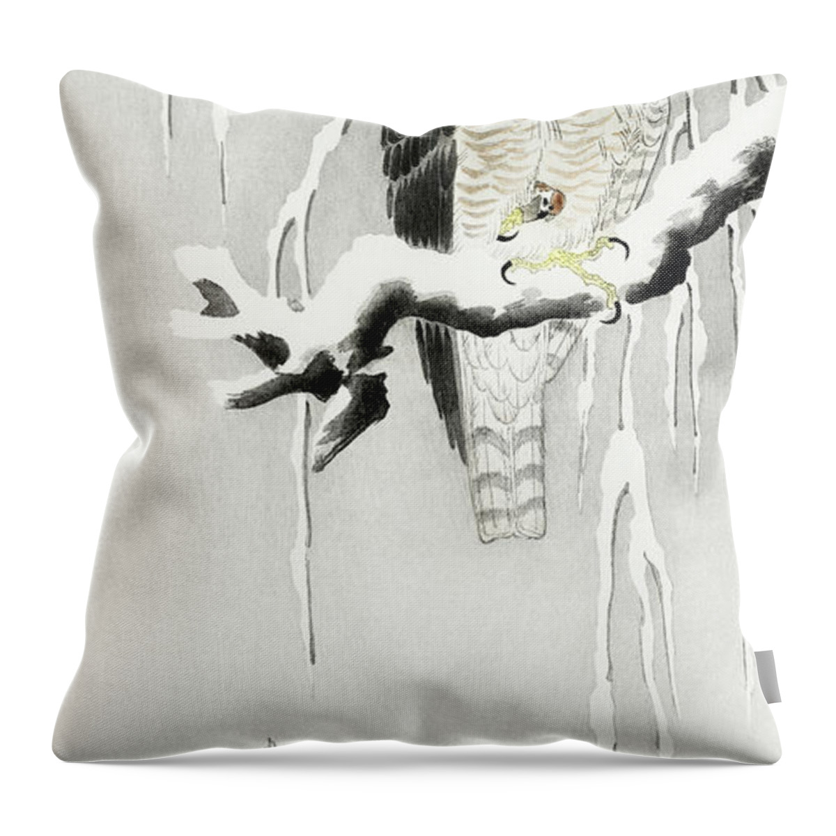 Bird Throw Pillow featuring the painting Hawk with captured ring sparrow by Ohara Koson