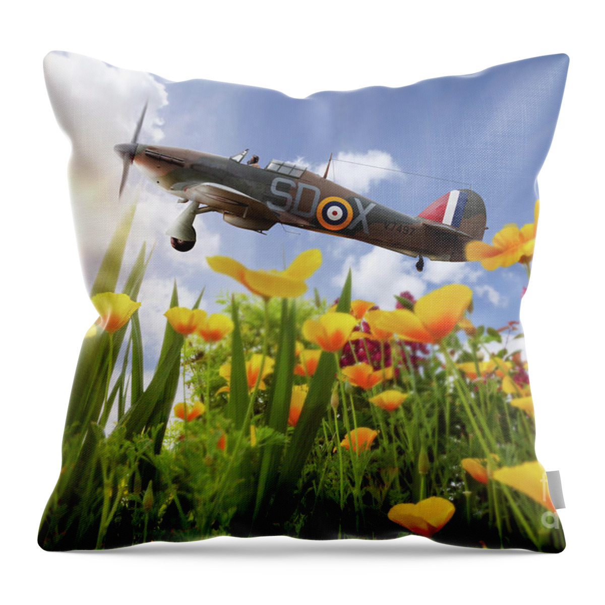 Hurricane; Raf; Sd-x; Hawker; Aeroplane; Poppies; Plane; Military; Aircraft; Airplane; Airshow; Battle Of Britain; British; Ww2; Canopy; Closeup; Clouds; Combat; Poppy; England; Fighter; Flowers; Flying; Historic; Iconic; Landscape; Mk1; Pilot; Retro; Remembrance; Mark1 Throw Pillow featuring the photograph Hawker Hurricane flying over poppies in spring by Simon Bratt