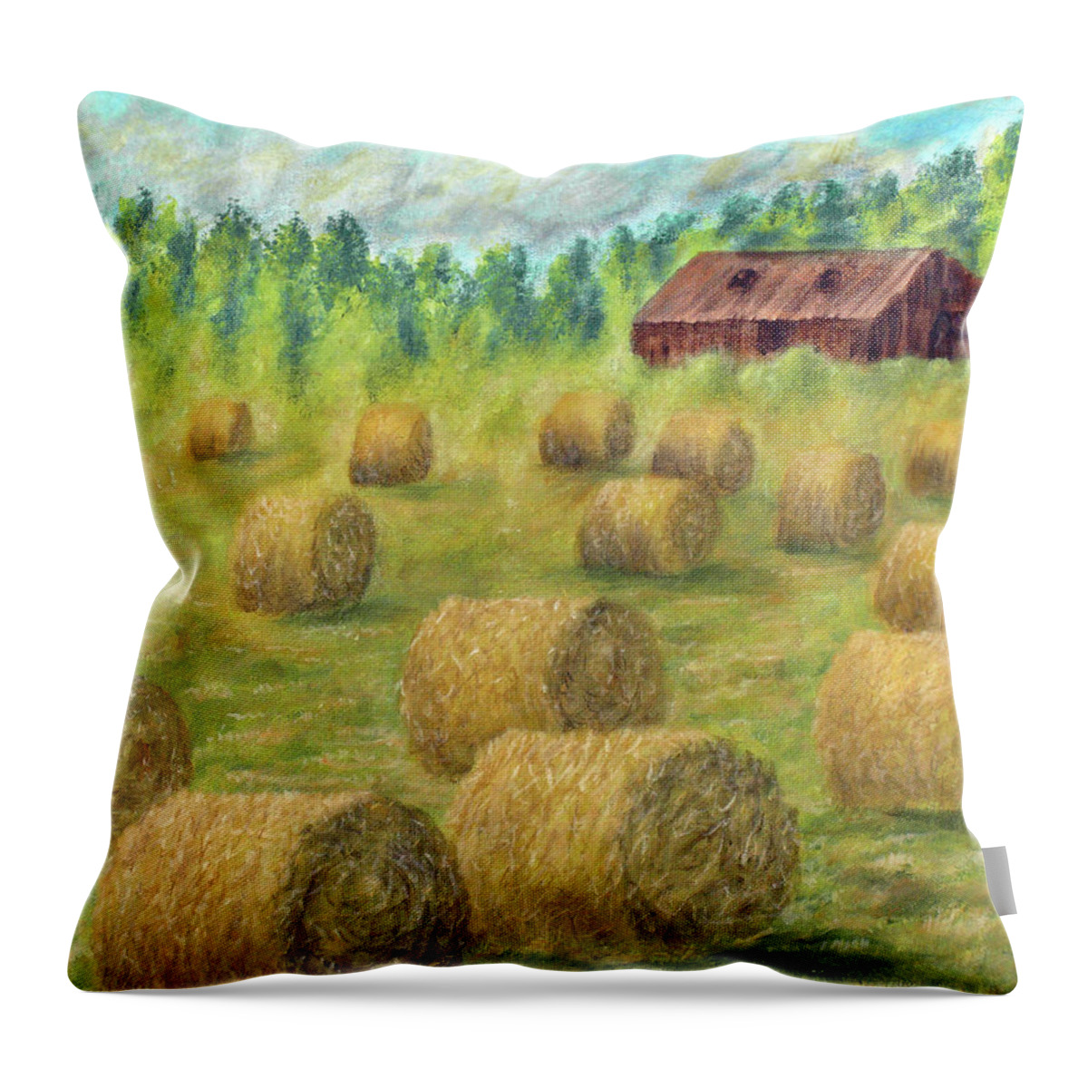 Hay Bales Throw Pillow featuring the painting Hay Bales and Red Barn - Lytham St Annes by Ronald Haber