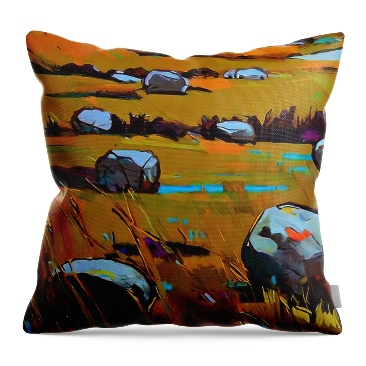  Throw Pillow featuring the painting Haybales near Kipling estate in Burwash Painting landscape colourful Kipling Burwash Kent haybales marshmallows fine art landscape nature oil painting rural summer watercloseup farm fragment by N Akkash