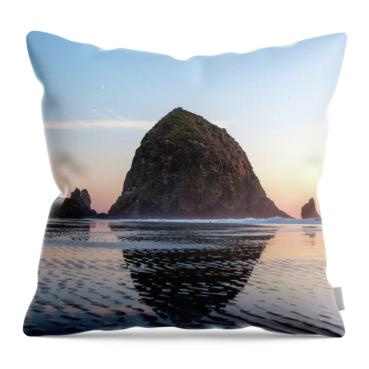 Haystack Rock Sunset Throw Pillow featuring the photograph Haystack Rock Sunset At Cannon Beach by Doug Ash