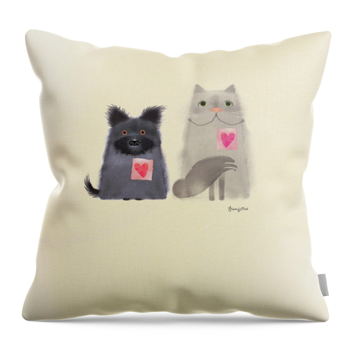  Pets Throw Pillow featuring the painting Heart Pets, Heart Dog, Heart Cat by Tracy Herrmann
