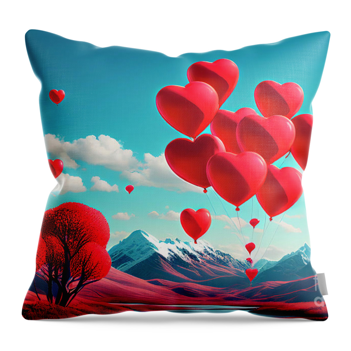 Heart Throw Pillow featuring the digital art Heart shape balloons flying in the sky by Jelena Jovanovic
