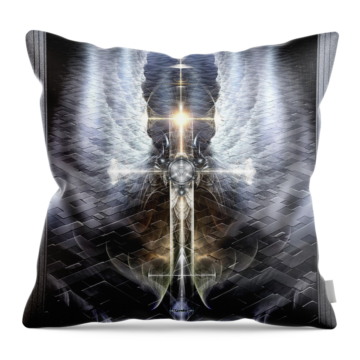 Heaven Throw Pillow featuring the painting Heavenly Angel Wings Cross The Jagged Road by Xzendor7 by Rolando Burbon