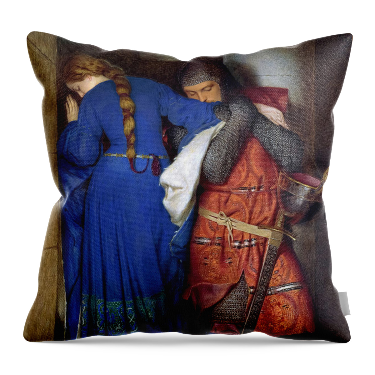 Frederic William Burton Throw Pillow featuring the painting Hellelil and Hildebrand, the Meeting on the Turret Stairs, 1864 by Frederic William Burton