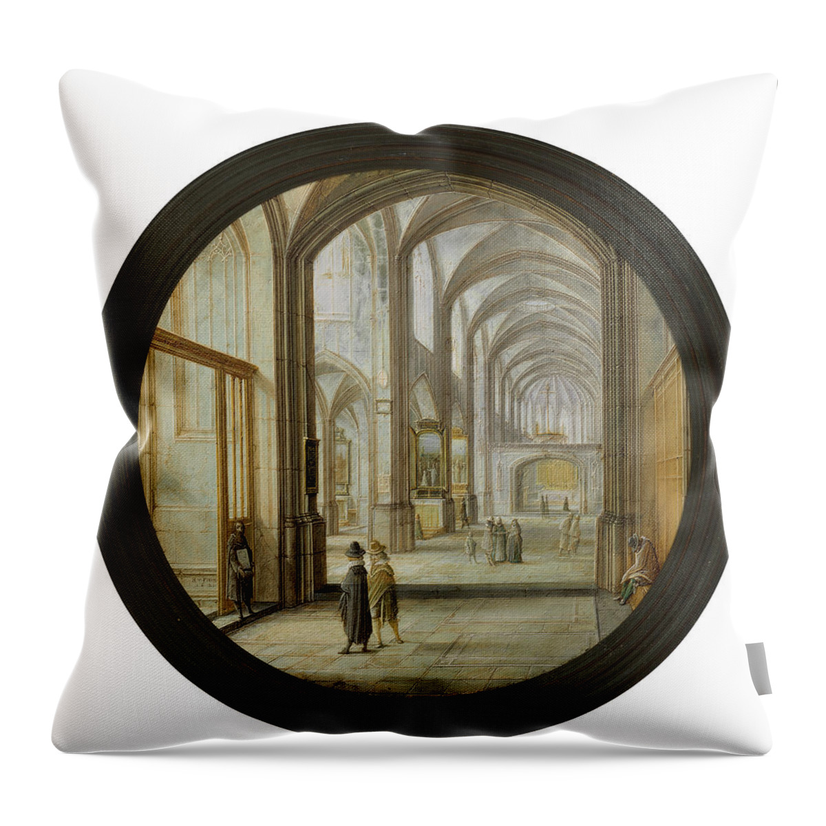 Hendrick Van Steenwijck Throw Pillow featuring the painting Hendrick van Steenwijck, the Younger Cathedral interior by MotionAge Designs