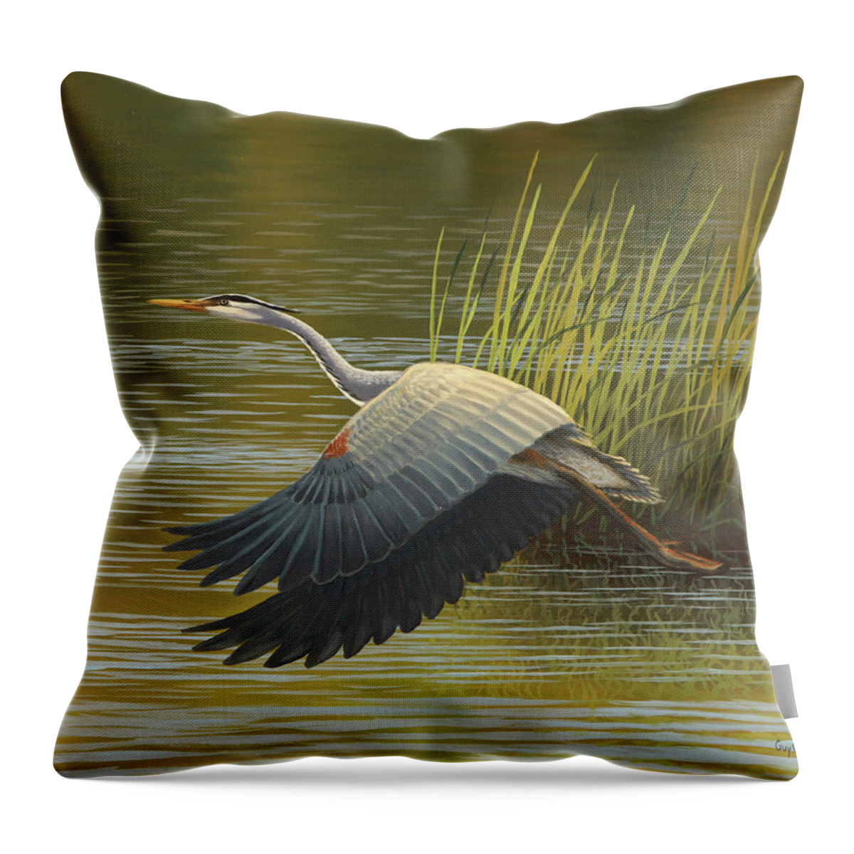 Heron Throw Pillow featuring the painting Heron Creek by Guy Crittenden