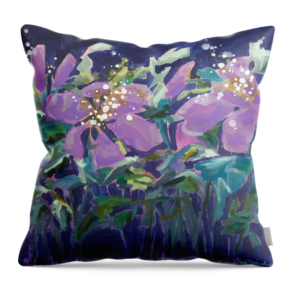 Abstract Throw Pillow featuring the painting Hibiscus at Night by Claire Desjardins