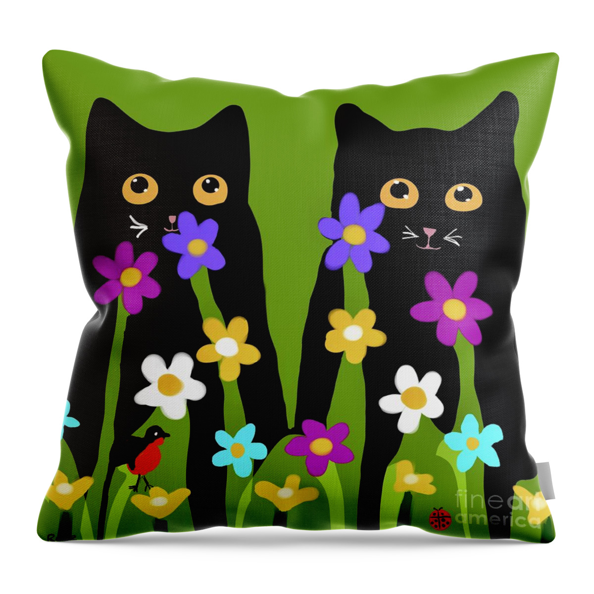 Two Black Cats Throw Pillow featuring the digital art Hiding in the flower bed by Elaine Hayward