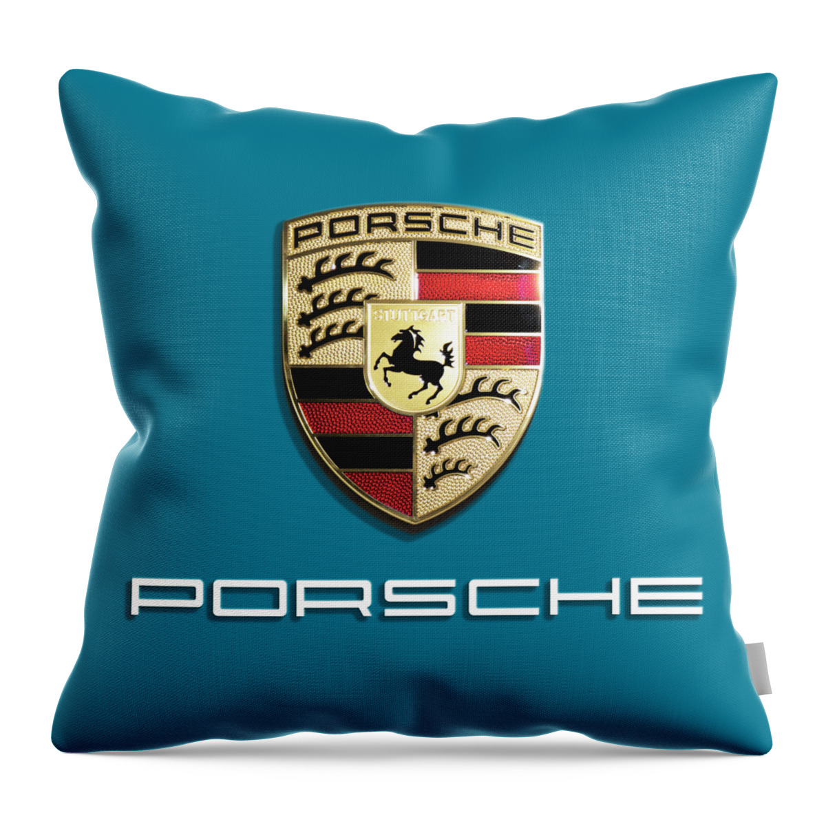Porsche-logo Throw Pillow featuring the photograph High Res Quality Porsche Logo - Hood Emblem Isolated on Colorful Red Background by Stefano Senise