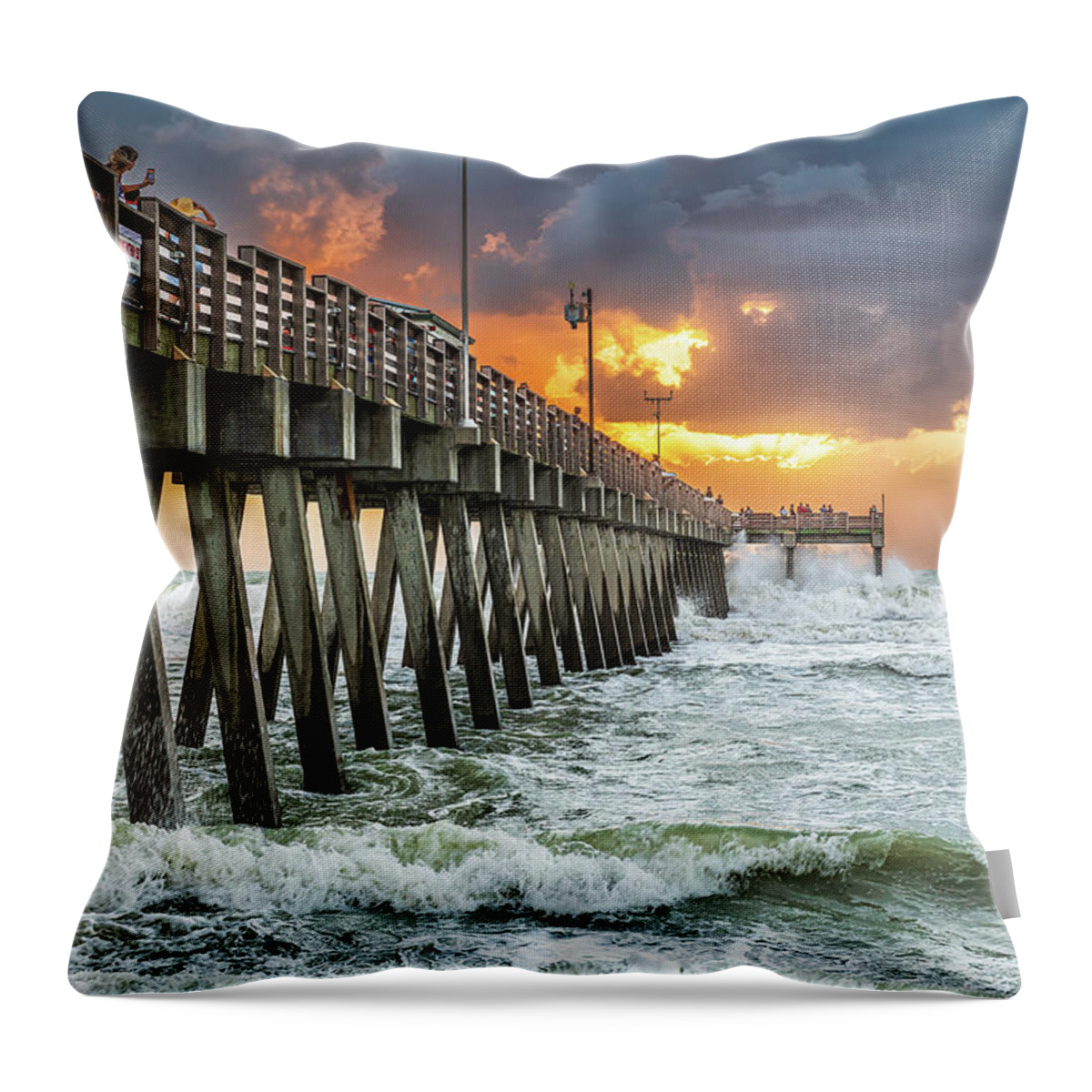 Venice Fishing Pier Throw Pillow featuring the photograph High Surf at Venice Fishing Pier by Rudy Wilms