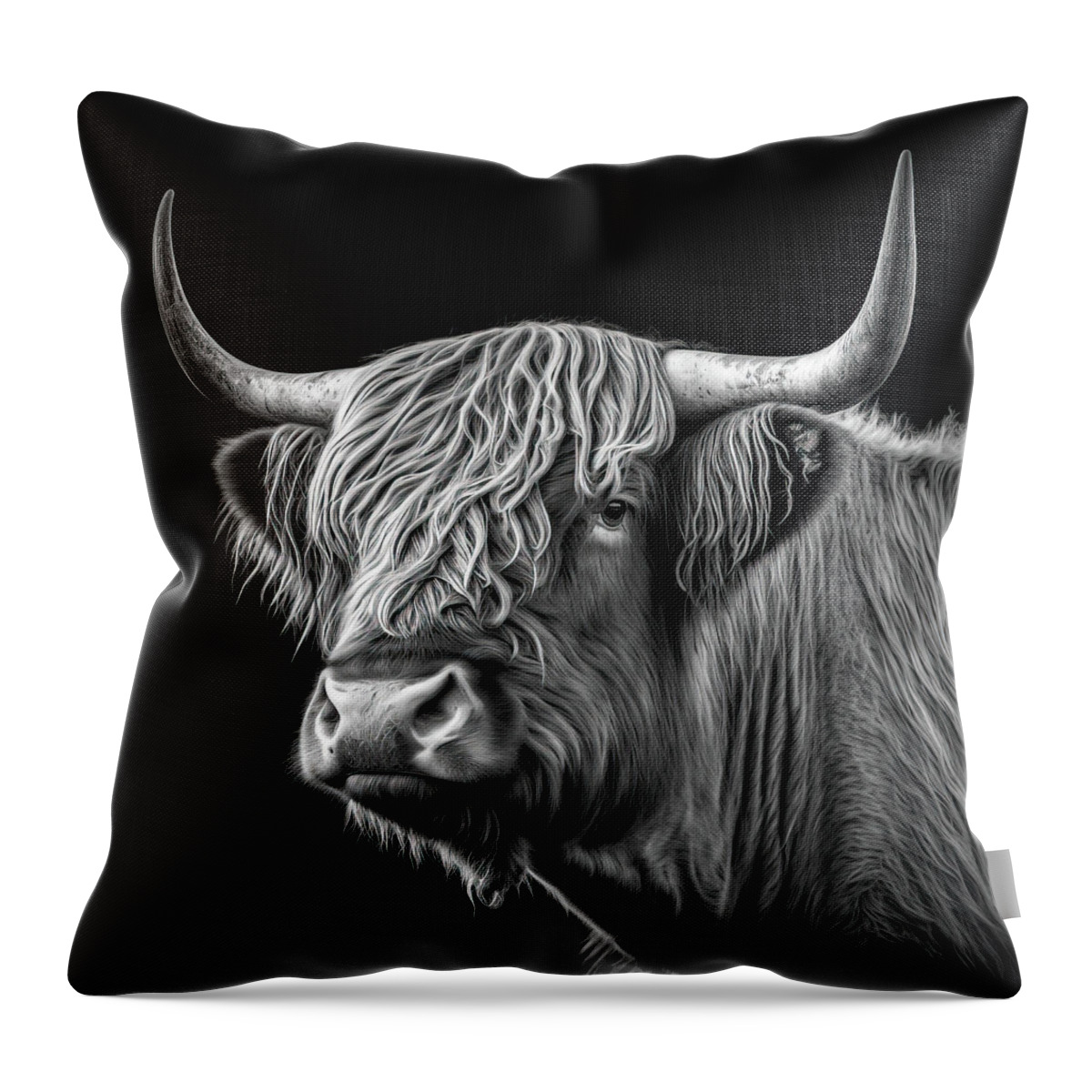 Bull Throw Pillow featuring the digital art Highland Cattle Portrait 03 Black and White by Matthias Hauser