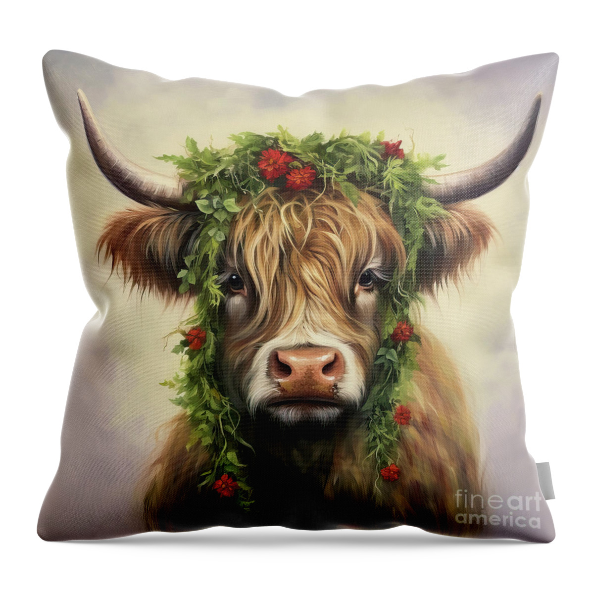 Christmas Throw Pillow featuring the painting Highland Christmas Cow by Tina LeCour