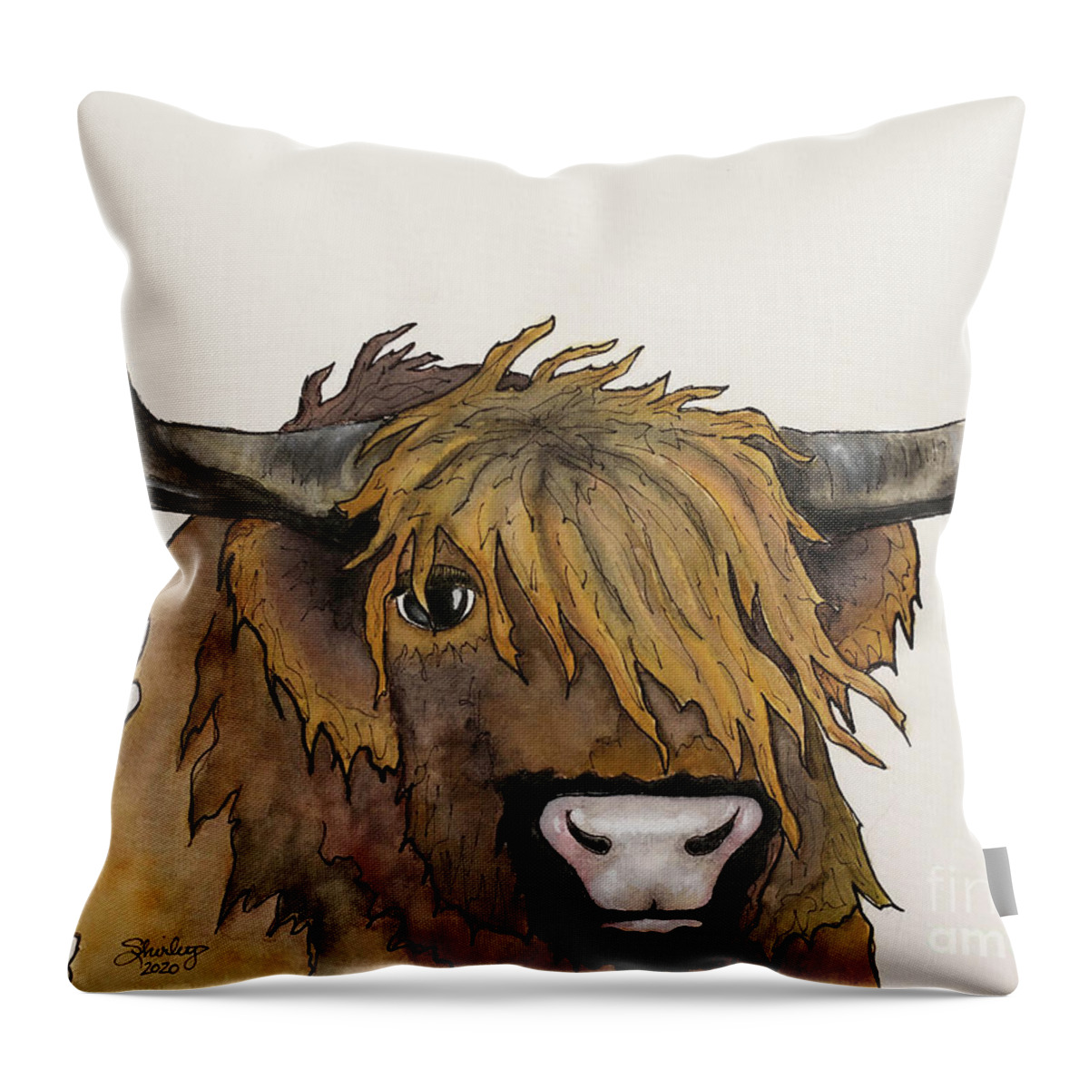 Cow Throw Pillow featuring the painting Highland Cow by Shirley Dutchkowski