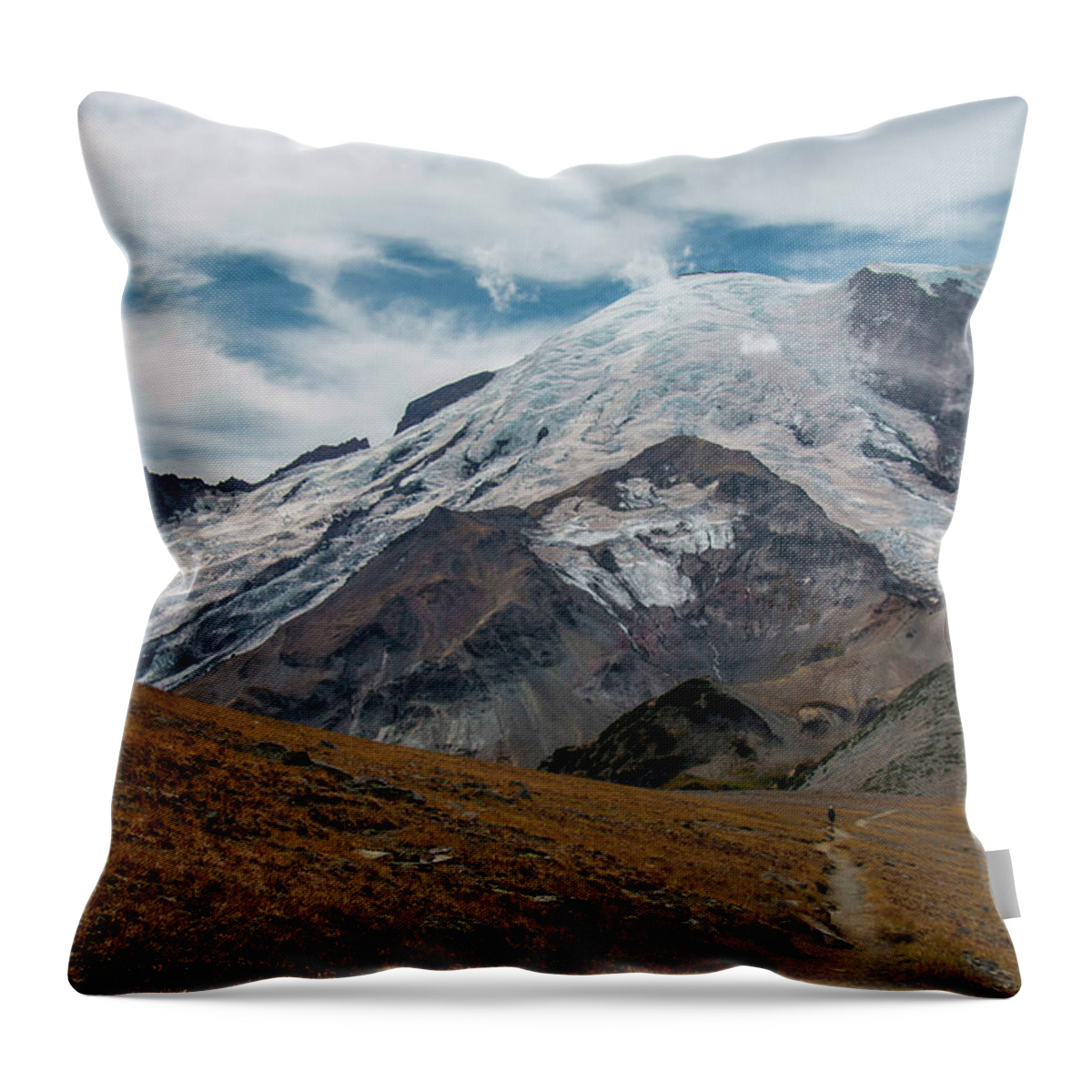 Mount Rainier National Park Throw Pillow featuring the photograph Hiking in the Mountain's Shadow by Doug Scrima