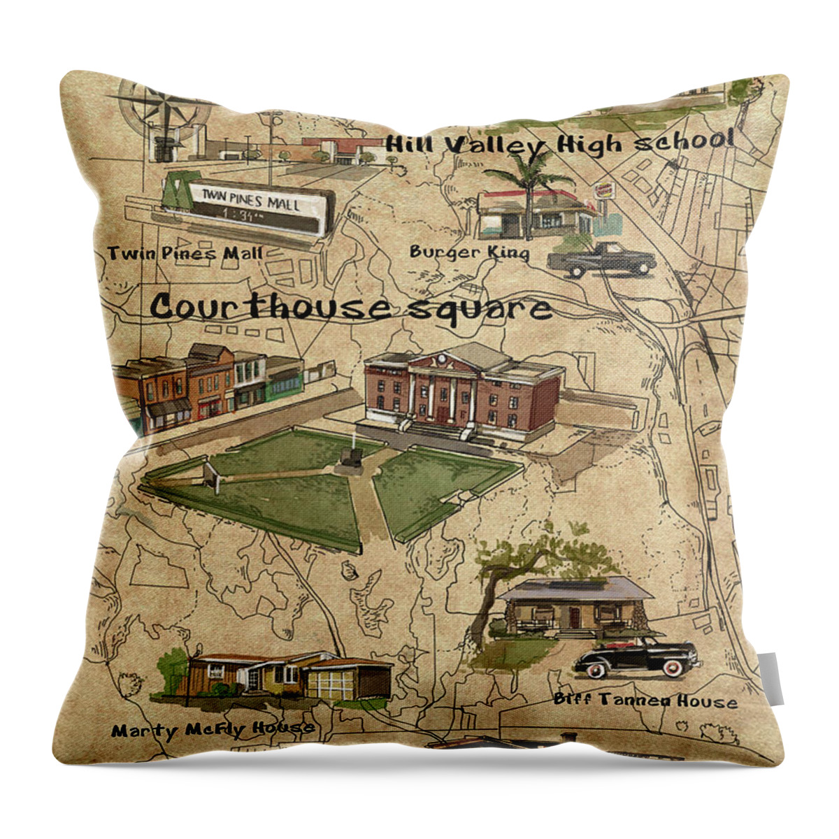 Map Throw Pillow featuring the digital art Hill Valley Movie Map by Bekim M