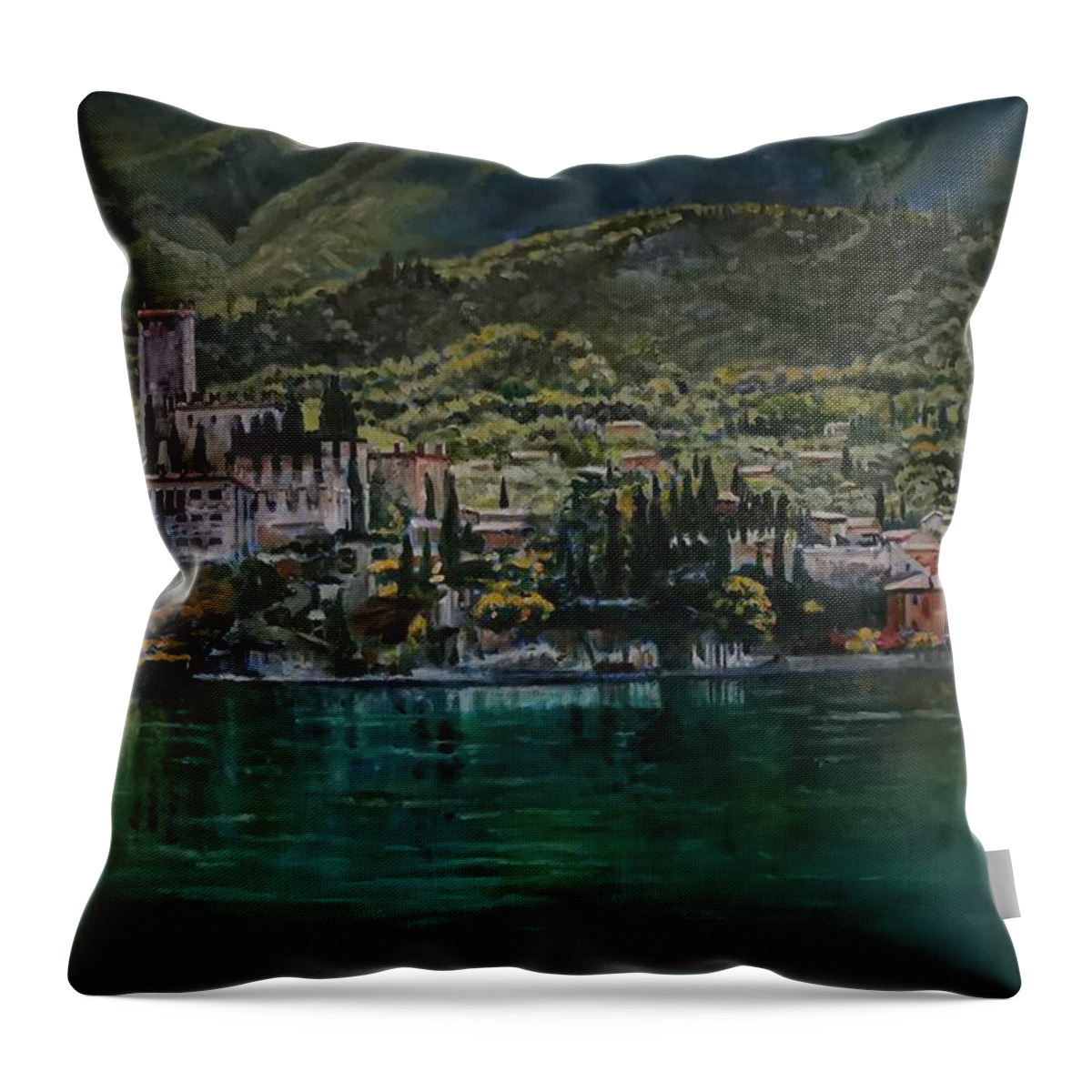 Lake Garda Throw Pillow featuring the painting Hills and castle by Raouf Oderuth