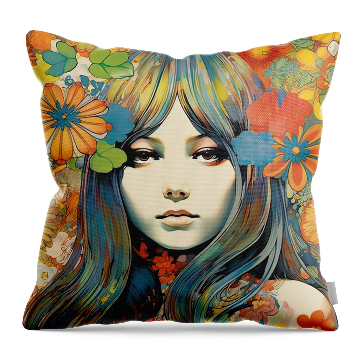 Seventies Throw Pillow featuring the painting Hippie Chix III by Mindy Sommers