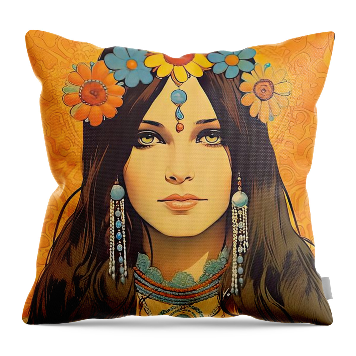 Seventies Throw Pillow featuring the painting Hippie Chix VIII by Mindy Sommers