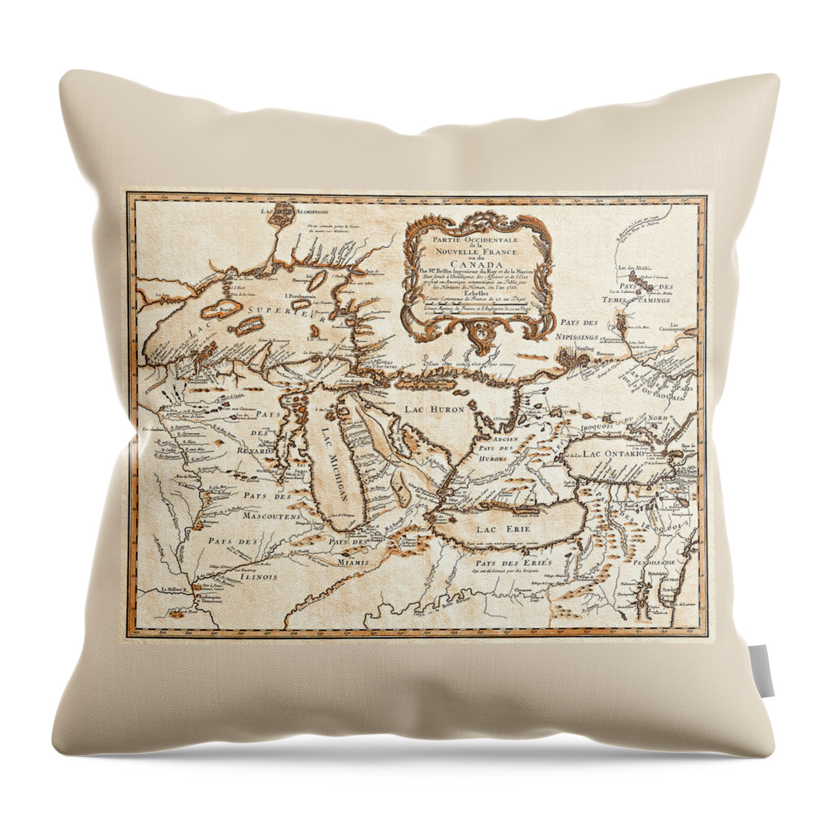 Canada Throw Pillow featuring the photograph Historic Bellin Map of The Great Lakes 1755 Sepia by Carol Japp