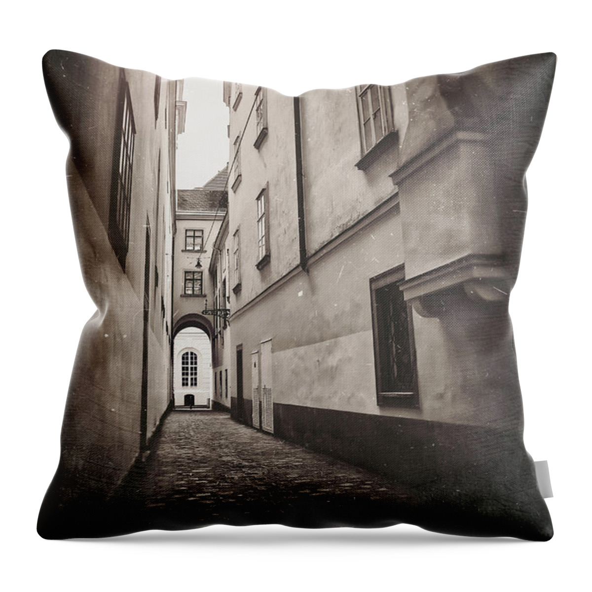 Vienna Throw Pillow featuring the photograph Historic Cobblestone Streets of Old Vienna Austria Vintage Sepia by Carol Japp