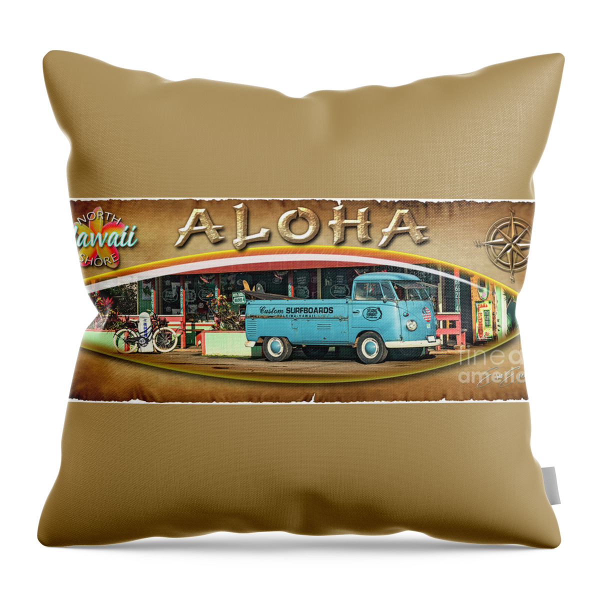Haleiwa Throw Pillow featuring the photograph Historic Haleiwa VW Surf Bug Surf Board by Aloha Art
