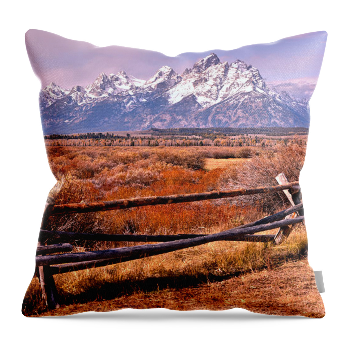 Teton Sunrise Throw Pillow featuring the photograph Historic Teton Fence Sunrise by Adam Jewell